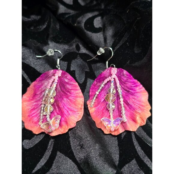 Crafted .925 Sterling Silver Pink Hibiscus Gemstone Ornamental Dangle Earrings - Picture 2 of 6